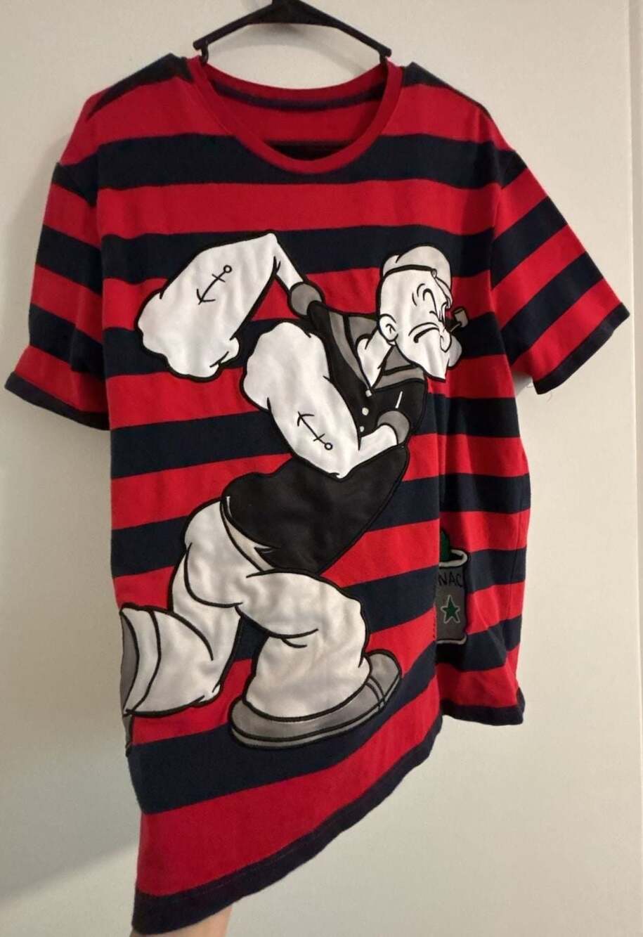Popeye Red and Black Striped T-Shirt with Spinach Can and Popeye Graphic